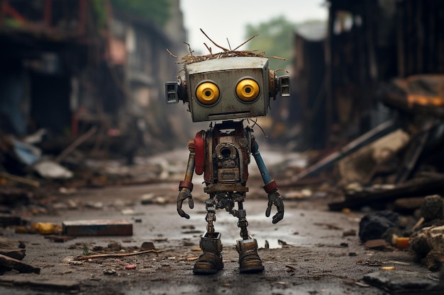 Vintage tin robot standing in front of the burned house Selective focus