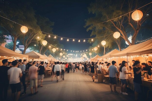 Photo vintage tone abstract blur image of street night festival in garden with bokeh for background usage