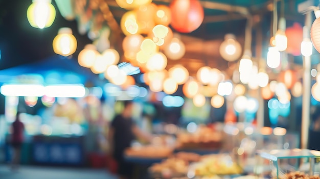vintage tone blur image of food stall at night festival with bokeh for background us Generative AI