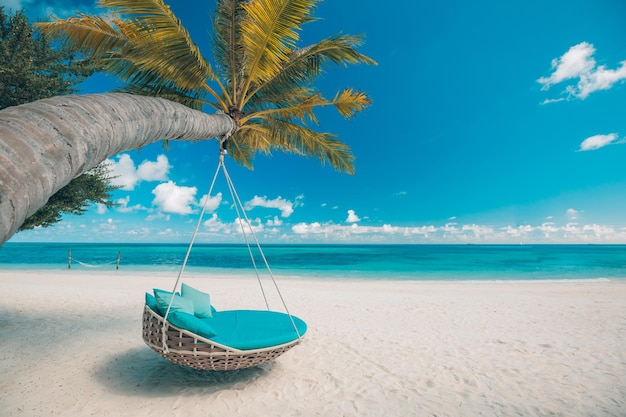 Vintage toned dream scene of tropical beach. Landscape with palm tree swing hanging on palm tree