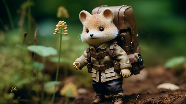vintage toy fox in the forest with a backpack on the ground