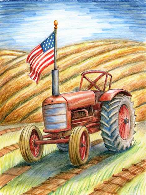 Photo a vintage tractor is centrally positioned in a pastoral scene bearing an american flag