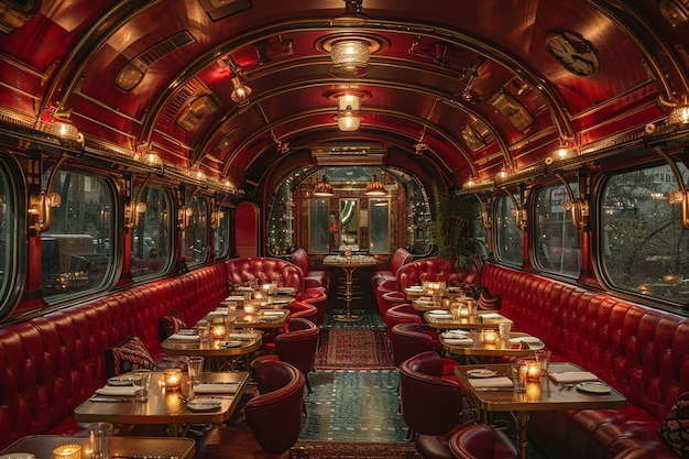 Vintage train car dining experience with period details and intimate seatingsuper detailed