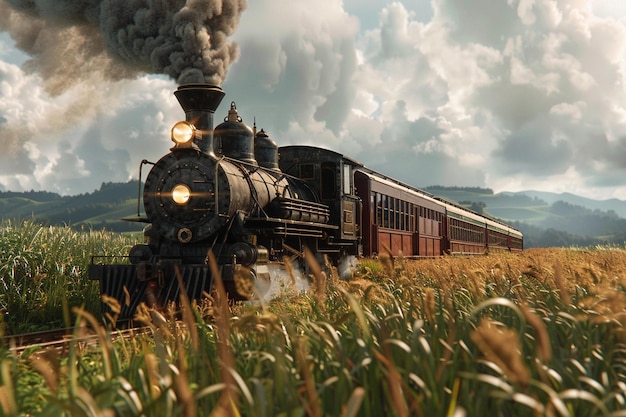 A vintage train chugging through the countryside o