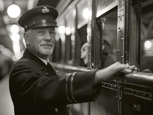 Vintage Train Conductor Aboard Steam Locomotive