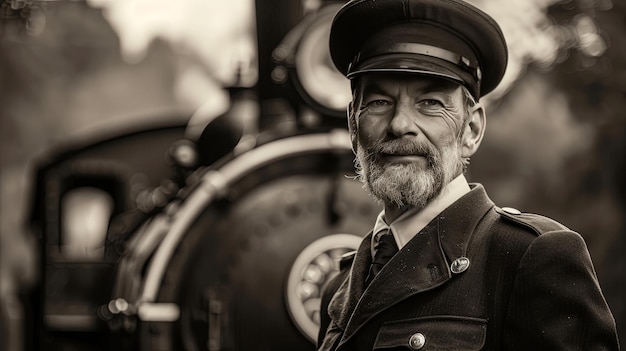 Vintage Train Conductor Aboard Steam Locomotive