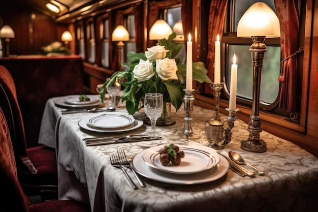 Vintage train dining car with elegant table setting created with generative ai