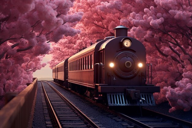 Старинная поездка на поезде через туннель из вишневых цветов 00126 02