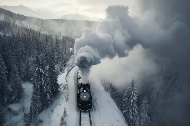 冬に雪で覆われた森で野生で走るヴィンテージ列車 冬の季節的なコンセプト AI生成