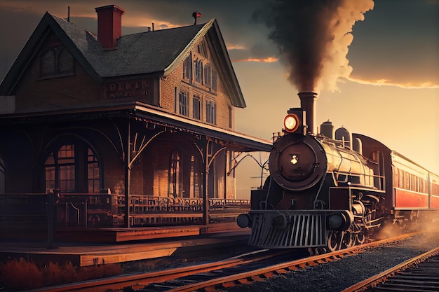 Vintage train station with steam locomotive pulling out of the station and into the sunset created with generative ai