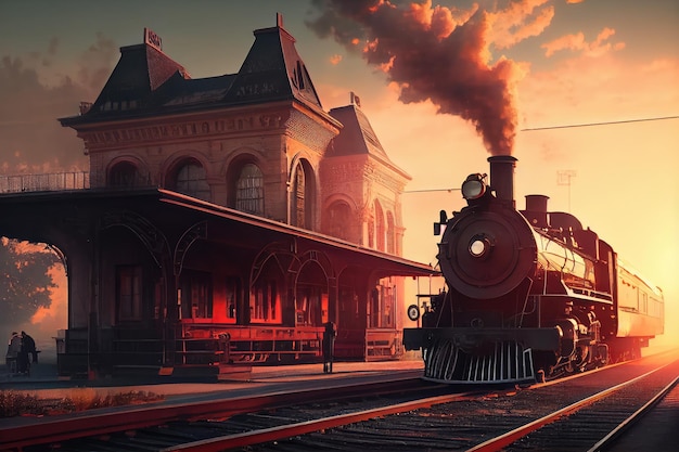 Vintage train station with steam locomotive pulling out of the station and into the sunset