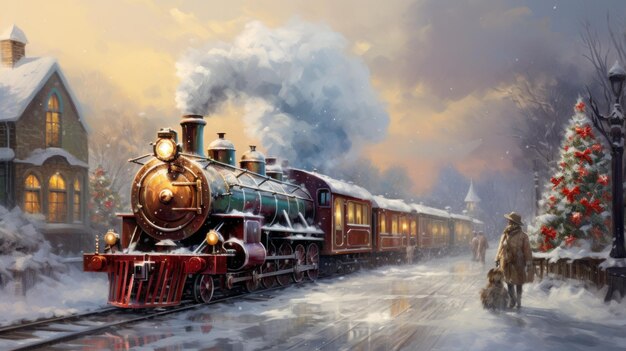 写真 ヴィンテージ列車が雪に覆われた街を旅する