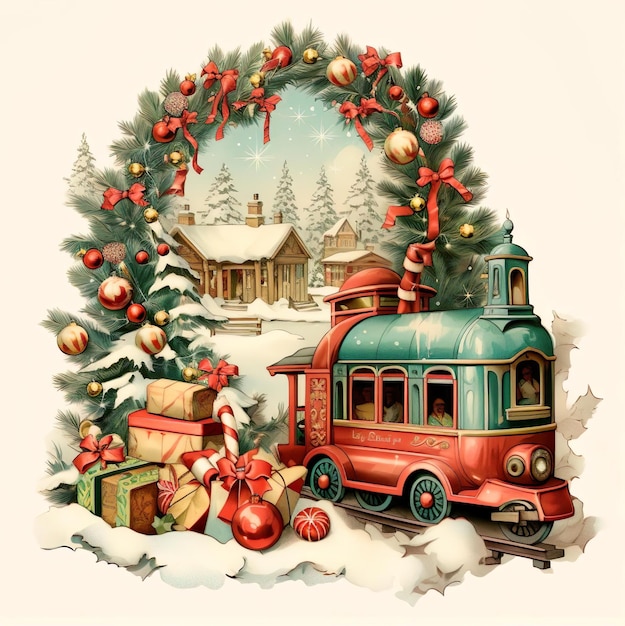크리스마스 트리 와 그 위 에 장식물 이 있는 열차 를 그린 빈티지 열차