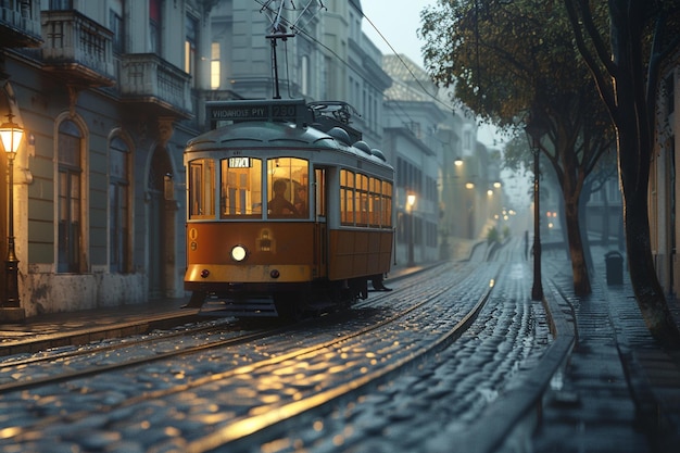 Vintage tram die langs geplaveide straten van