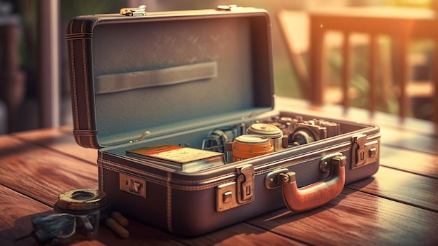 Vintage travel suitcase with map and compass on the beach Travel conceptgenerative ai