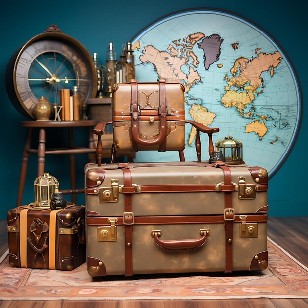 Vintage Travel Vintage Suitcase Backdrop World Map Backgroun Creative Design Live Stream Background