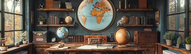 Photo vintage travelthemed home office with globes maps