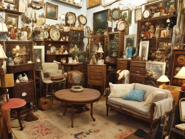 Vintage treasures lose yourself in a vintage flea market filled with antique furniture ai generated