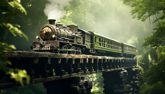 Foto vintage trein die over een brug in het bos passeert