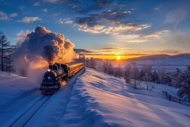 Vintage trein suikt door een besneeuwd landschap als de zon ondergaat met een warme gloed