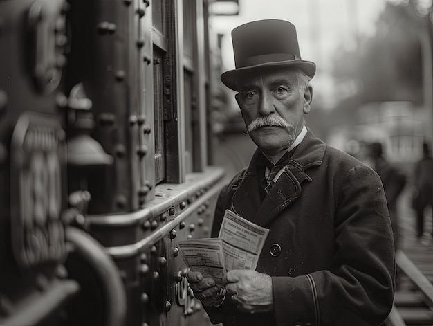 Vintage treinconducteur aan boord van een stoomlocomotief