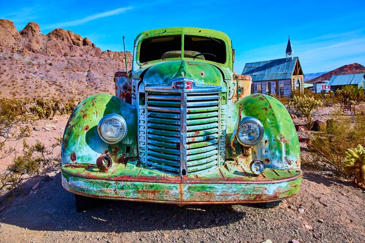 Foto vintage truck en woestijnlandschap in nelson nevada eyelevel view