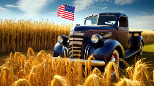 A vintage truck in a field with a flag on the front