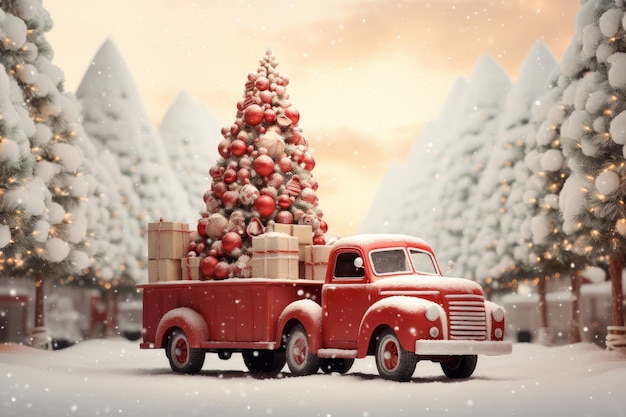 Photo vintage truck with christmas tree merry christmas concept