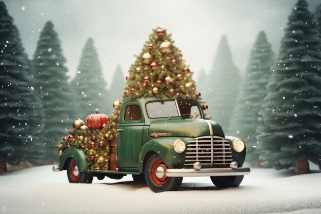 Vintage truck with christmas tree merry christmas concept