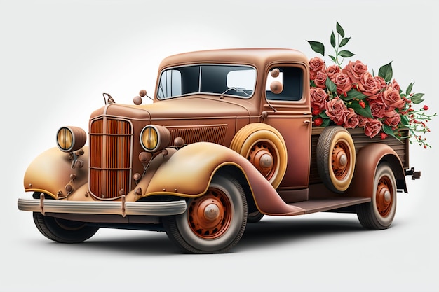 Vintage truck with flowers on isolated background 3D rendering generative ai