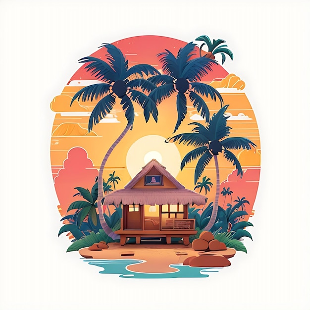 Vintage Tshirt design featuring a cozy home coconut tree and vibrant sunset in flat vector style
