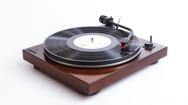 A vintage turntable with a vinyl record on a white background