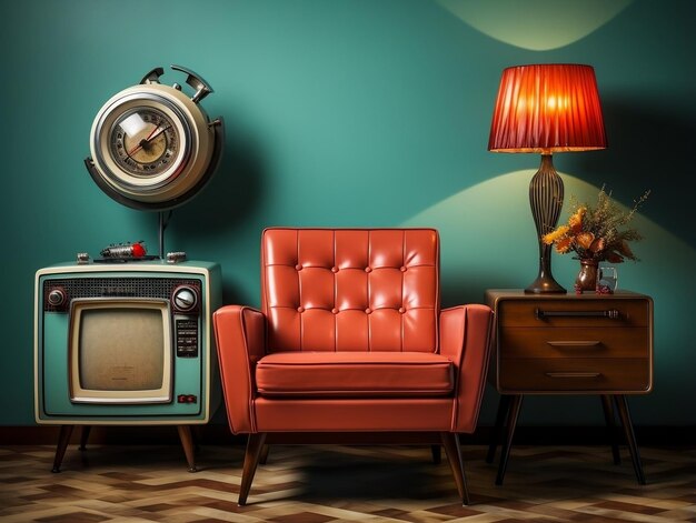 Photo vintage tv in a old living room with couch and tan chair