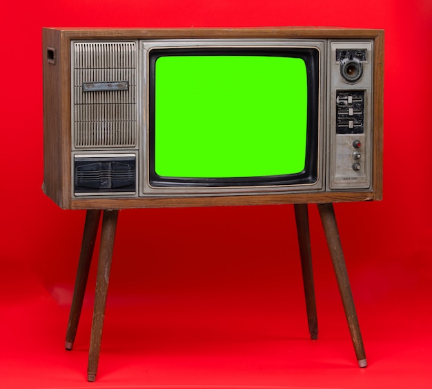 Vintage TV : old retro TV set isolated on red background.