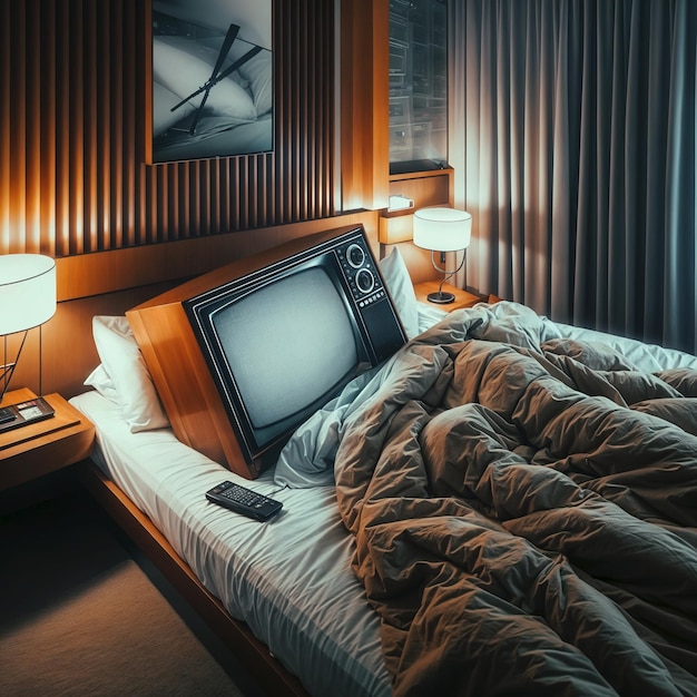 vintage tv sleeping in a hotel room