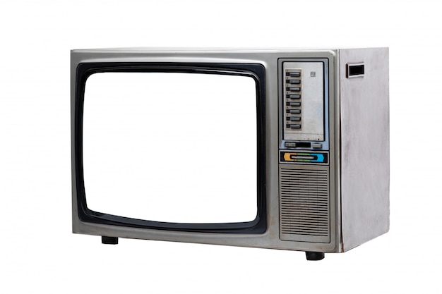 Vintage TV with white blank screen isolated on white .