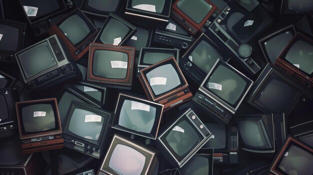 Photo vintage tvs in dark space symbolize media influence addiction misinformation