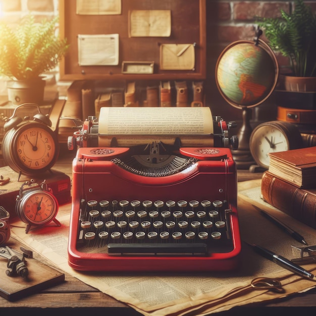 Vintage typewriter books clock and glasses on wooden table