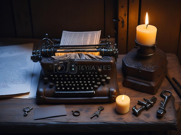 Vintage typewriter burning candles old key and envelope with wax seal on wooden table Ai generatio