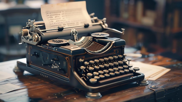 Photo a vintage typewriter sits on a wooden table the typewriter is black and has a gold keyboard there is a piece of paper in the typewriter