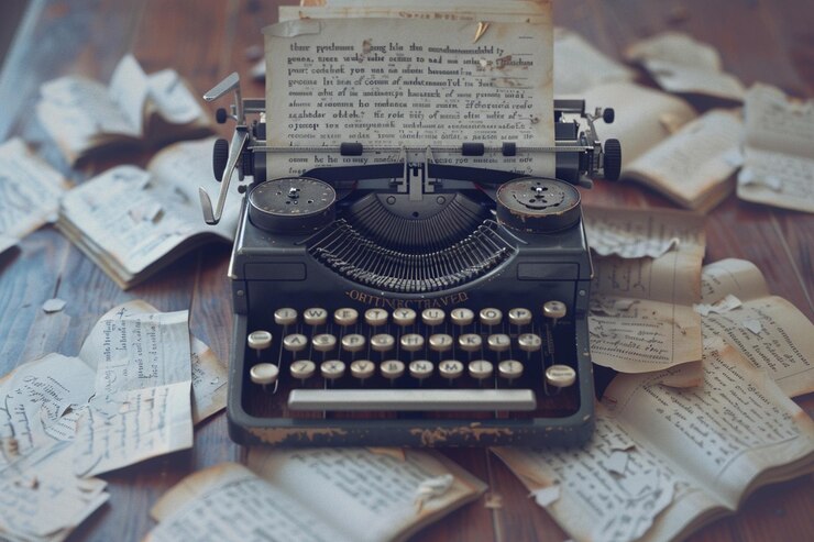 फोटो a vintage typewriter surrounded by scattered pages