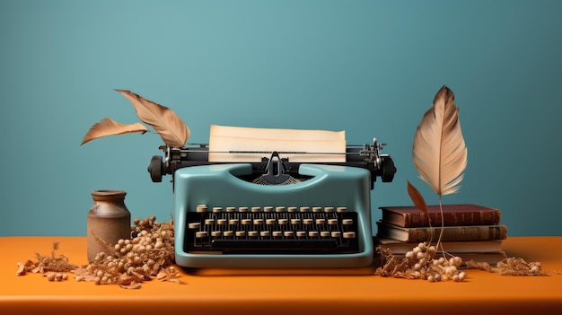 A vintage typewriter with an open book and a quill pen