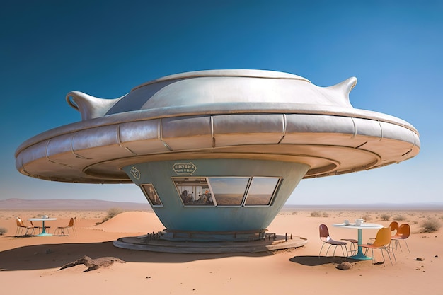 Foto vintage ufo café in het midden van de woestijn generative ai