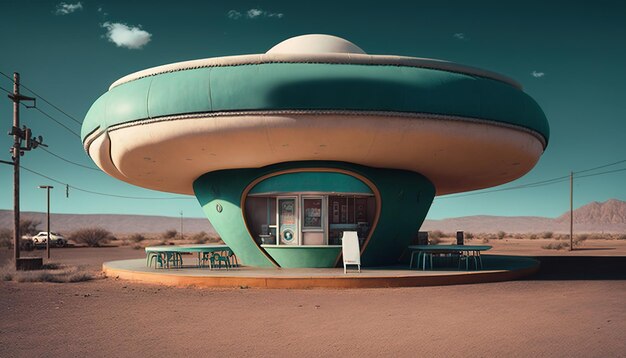 A vintage UFOshaped cafe sits in the middle of a desert ready to serve Generative Ai