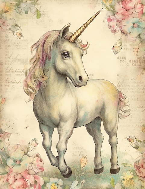 Vintage Unicorn old paper junk journal digital paper