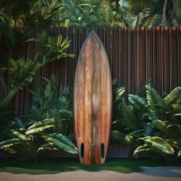 A vintage used up surfboard lying against a wooden garden fence on a tropical island Generative ai