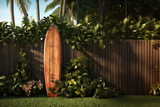 A vintage used up surfboard lying against a wooden garden fence on a tropical island Generative ai