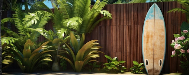 A vintage used up surfboard lying against a wooden garden fence on a tropical island Generative ai