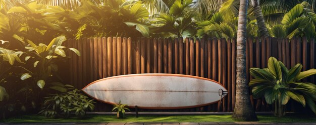 A vintage used up surfboard lying against a wooden garden fence on a tropical island Generative Ai