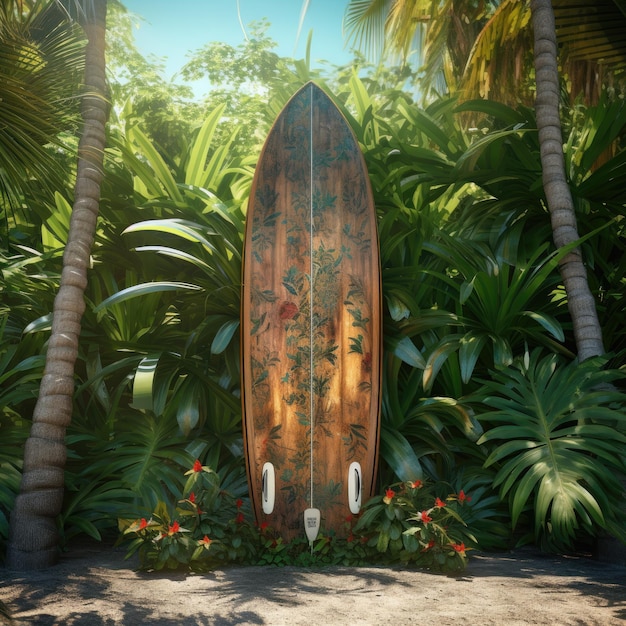 A vintage used up surfboard lying against a wooden garden fence on a tropical island Generative Ai